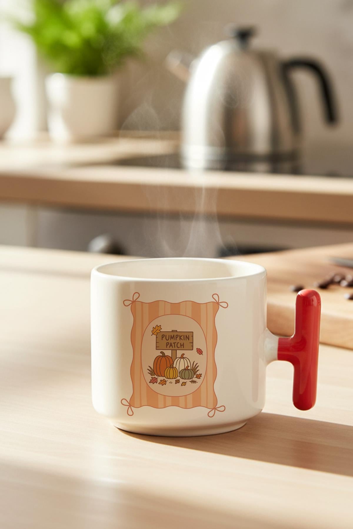 Sonbahar Temalı Pumpkin Patch Baskılı Hediyelik T Kulplu Latte Fincanı Kupa Bardak