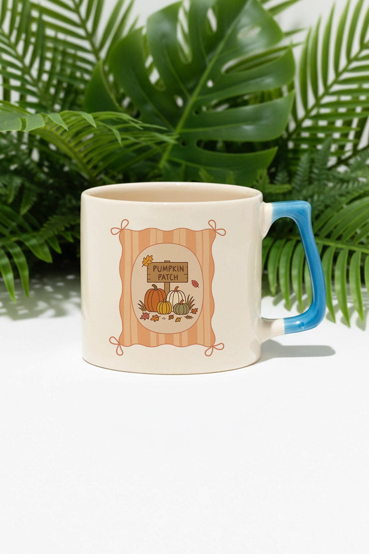 Sonbahar Temalı Pumpkin Patch Baskılı Mavi D Kulplu Kupa Bardak