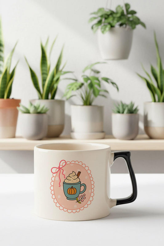 Sonbahar Temalı Pumpkin Spice Latte Baskılı Siyah D Kulplu Kupa Bardak