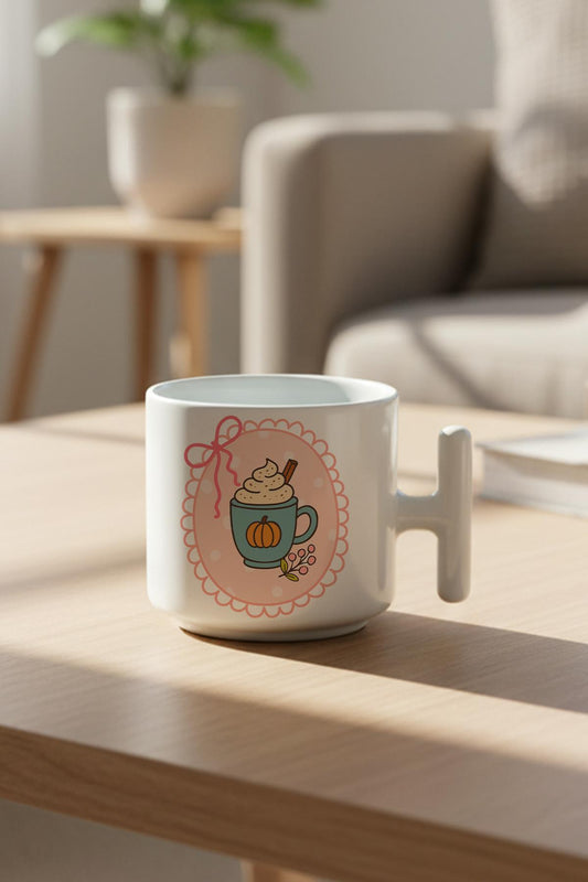 Sonbahar Temalı Pumpkin Spice Latte Baskılı Hediyelik T Kulplu Latte Fincanı Kupa Bardak