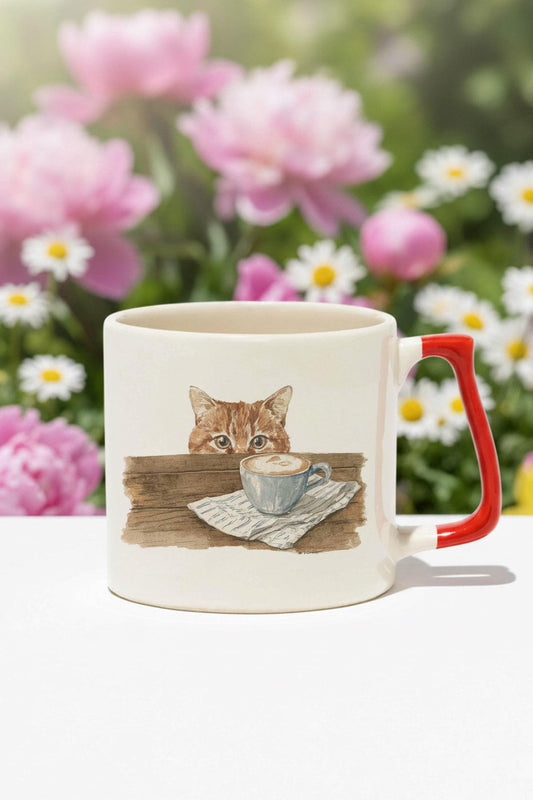 Sonbahar Temalı Sevimli Kedi No:1 Baskılı Kırmızı D Kulplu Kupa Bardak