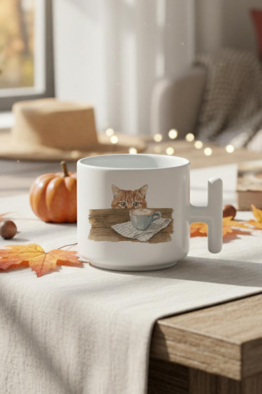 Sonbahar Temalı Sevimli Kedi No:1 Baskılı Hediyelik T Kulplu Latte Fincanı Kupa Bardak