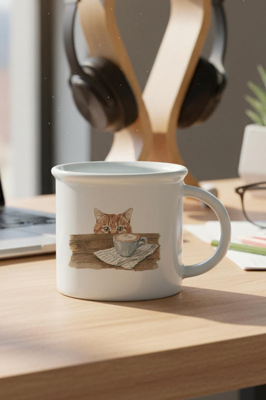 Sonbahar Temalı Sevimli Kedi No:1 Baskılı Enamel Görünümlü Seramik Vintage Kupa Bardak