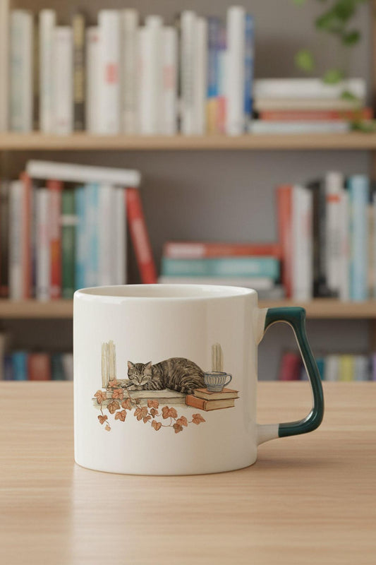 Sonbahar Temalı Sevimli Kedi No:10 Baskılı Yeşil D Kulplu Kupa Bardak