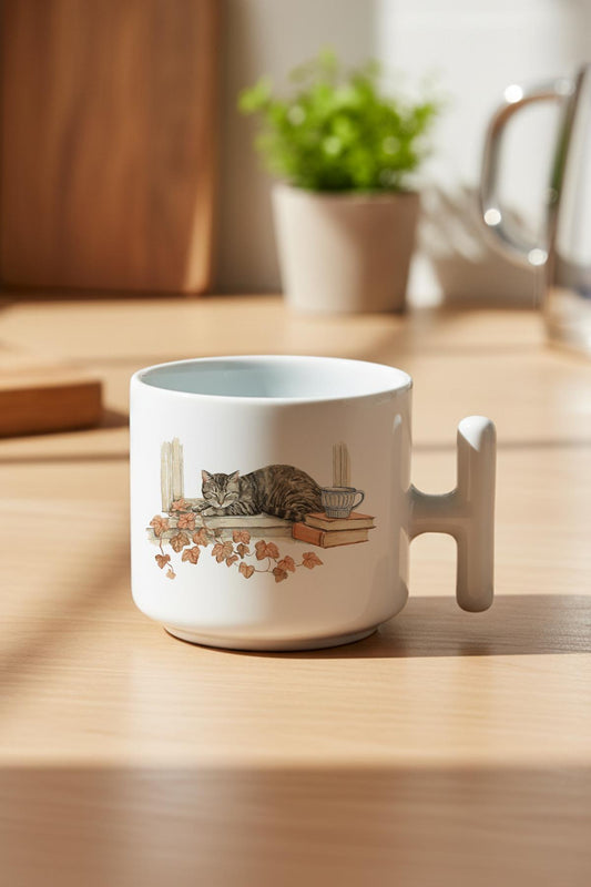 Sonbahar Temalı Sevimli Kedi No:10 Baskılı Hediyelik T Kulplu Latte Fincanı Kupa Bardak