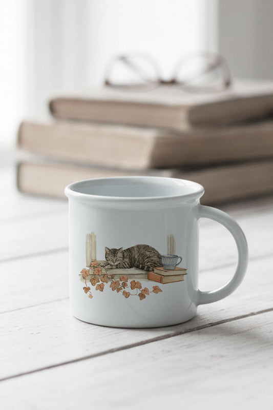 Sonbahar Temalı Sevimli Kedi No:10 Baskılı Enamel Görünümlü Seramik Vintage Kupa Bardak