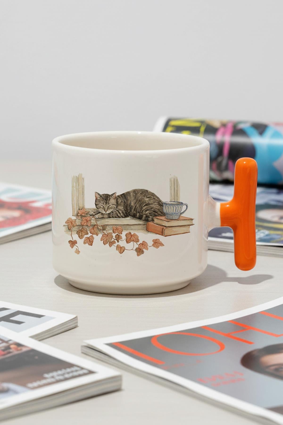 Sonbahar Temalı Sevimli Kedi No:10 Baskılı Hediyelik T Kulplu Latte Fincanı Kupa Bardak