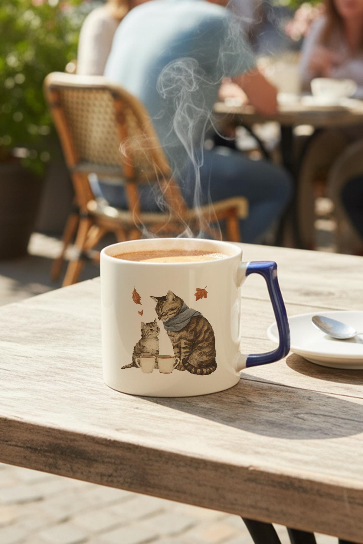 Sonbahar Temalı Sevimli Kedi No:12 Baskılı Lacivert D Kulplu Kupa Bardak