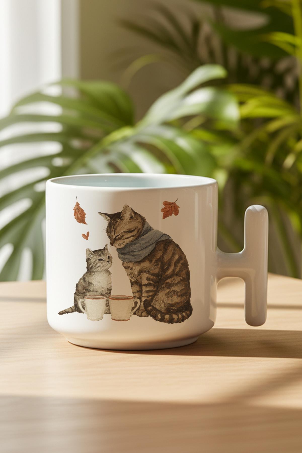 Sonbahar Temalı Sevimli Kedi No:12 Baskılı Hediyelik T Kulplu Latte Fincanı Kupa Bardak