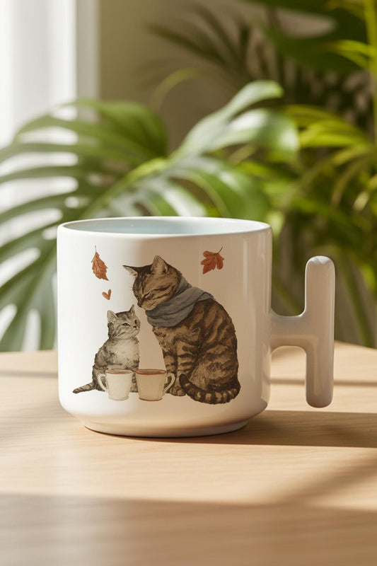 Sonbahar Temalı Sevimli Kedi No:12 Baskılı Hediyelik T Kulplu Latte Fincanı Kupa Bardak