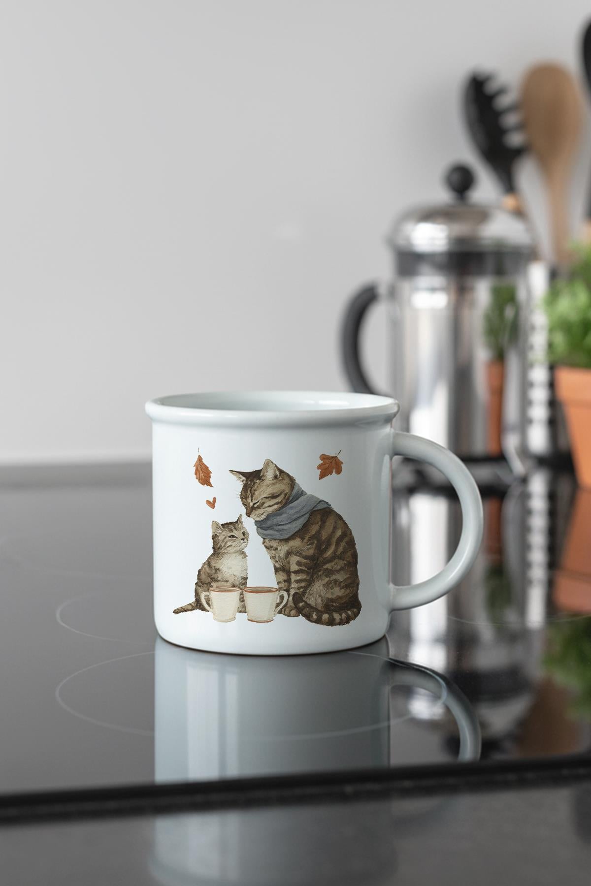 Sonbahar Temalı Sevimli Kedi No:12 Baskılı Enamel Görünümlü Seramik Vintage Kupa Bardak