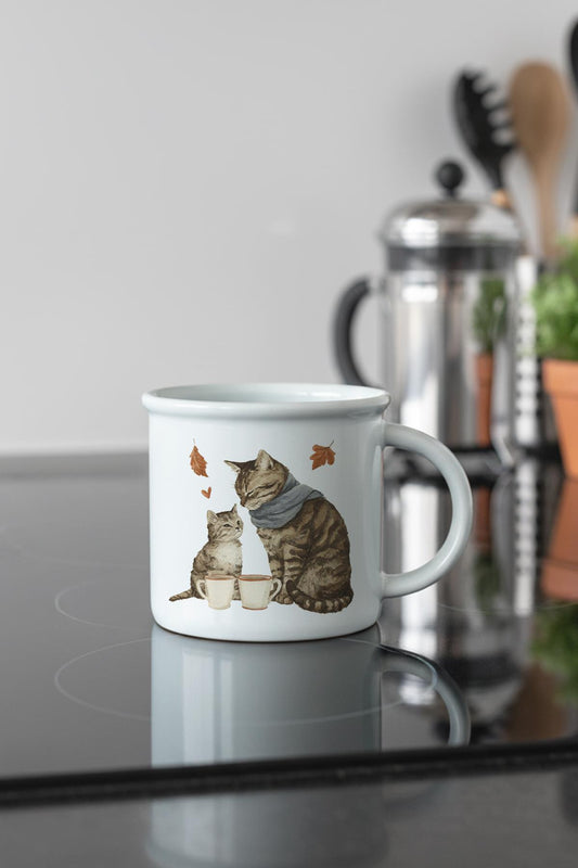 Sonbahar Temalı Sevimli Kedi No:12 Baskılı Enamel Görünümlü Seramik Vintage Kupa Bardak