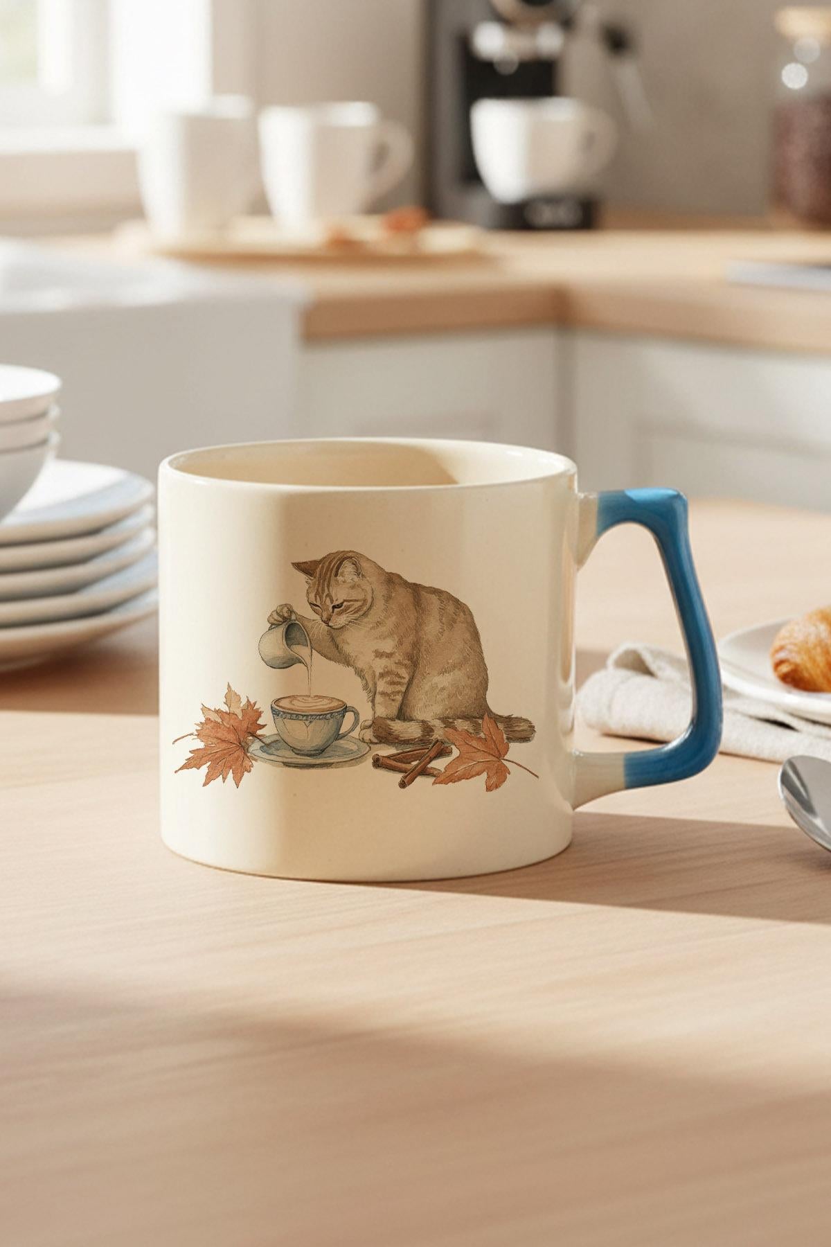 Sonbahar Temalı Sevimli Kedi No:2 Baskılı Mavi D Kulplu Kupa Bardak