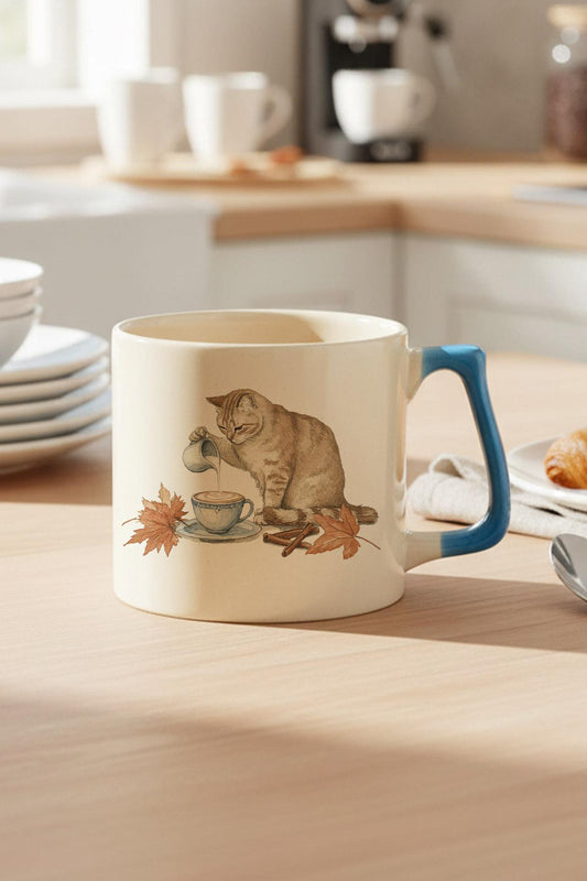 Sonbahar Temalı Sevimli Kedi No:2 Baskılı Mavi D Kulplu Kupa Bardak