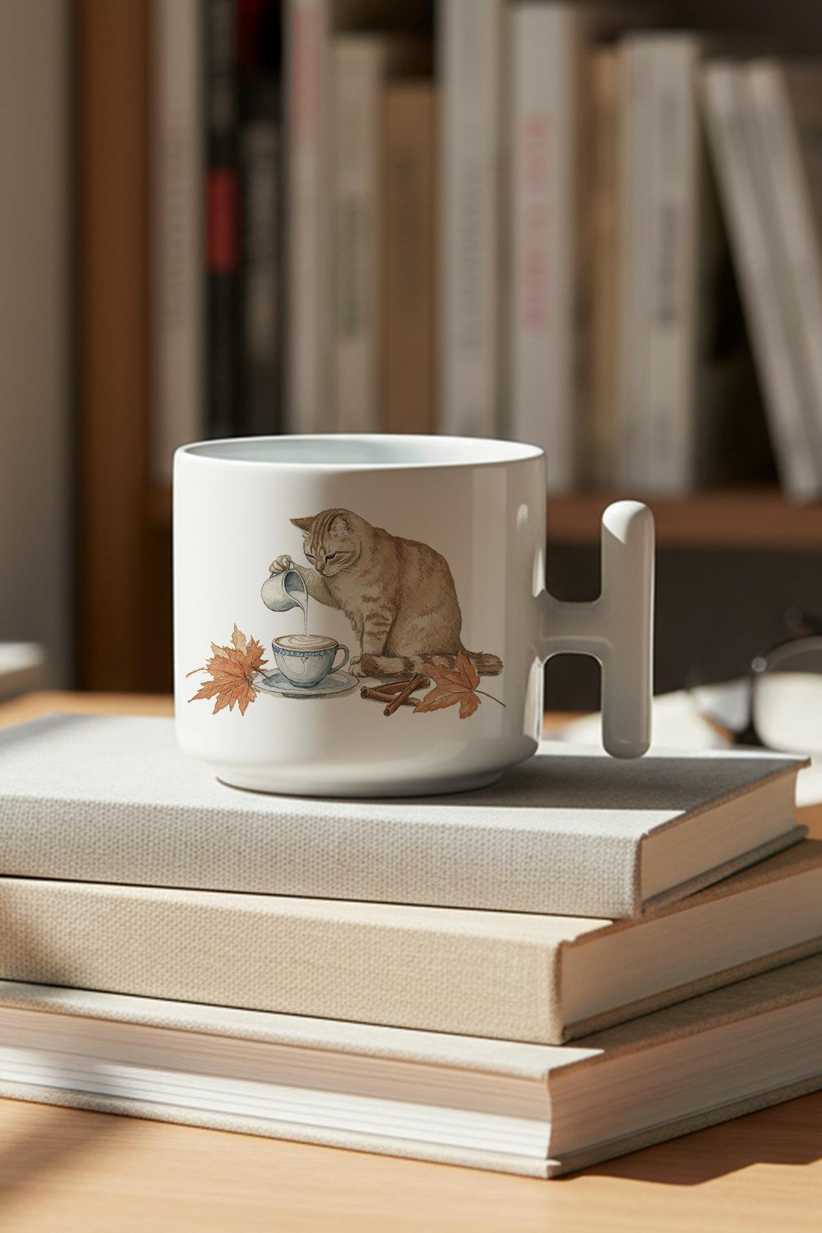 Sonbahar Temalı Sevimli Kedi No:2 Baskılı Hediyelik T Kulplu Latte Fincanı Kupa Bardak