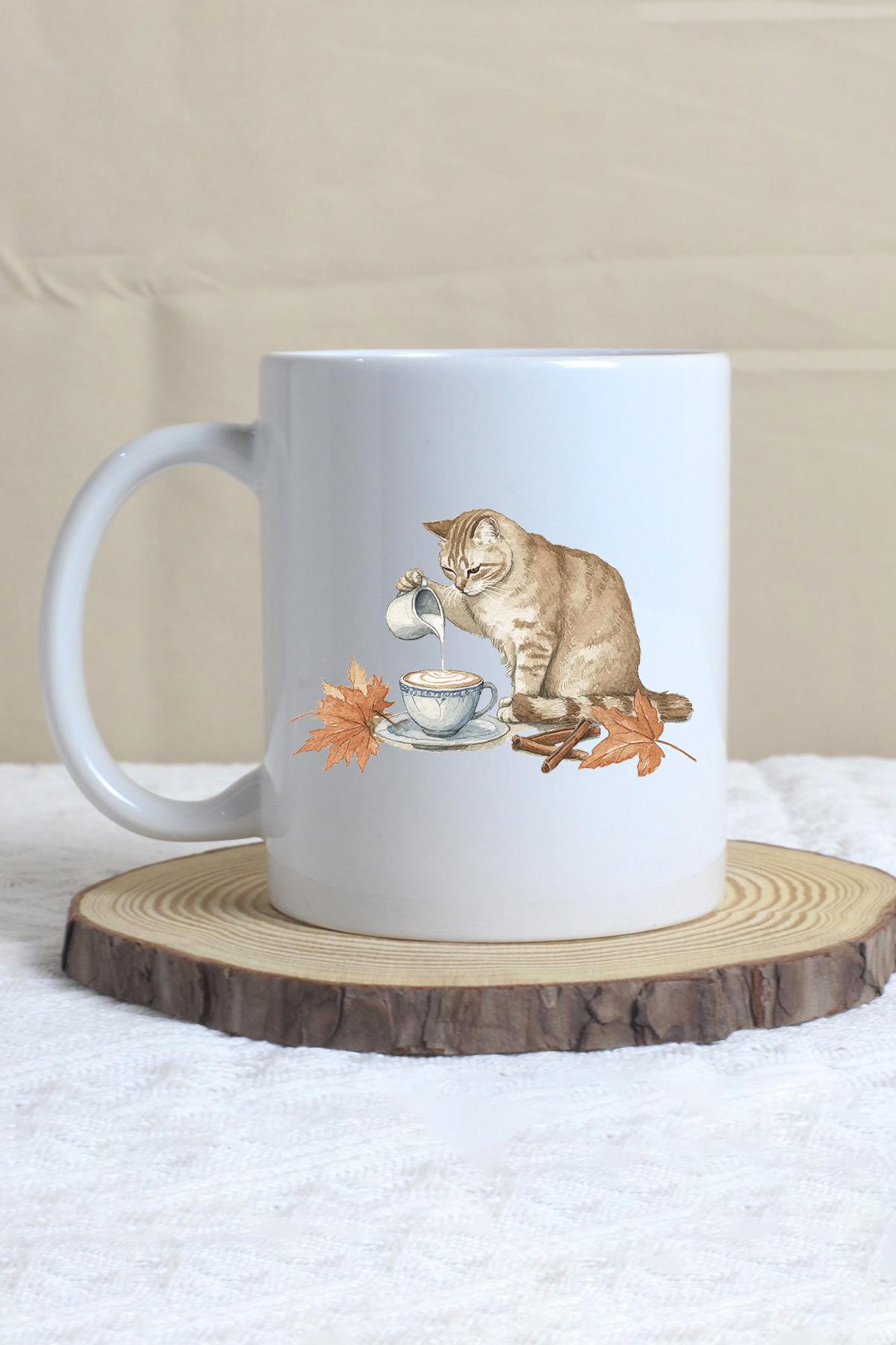 Sonbahar Temalı Sevimli Kedi No:2 Baskılı Hediyelik Kupa Bardak