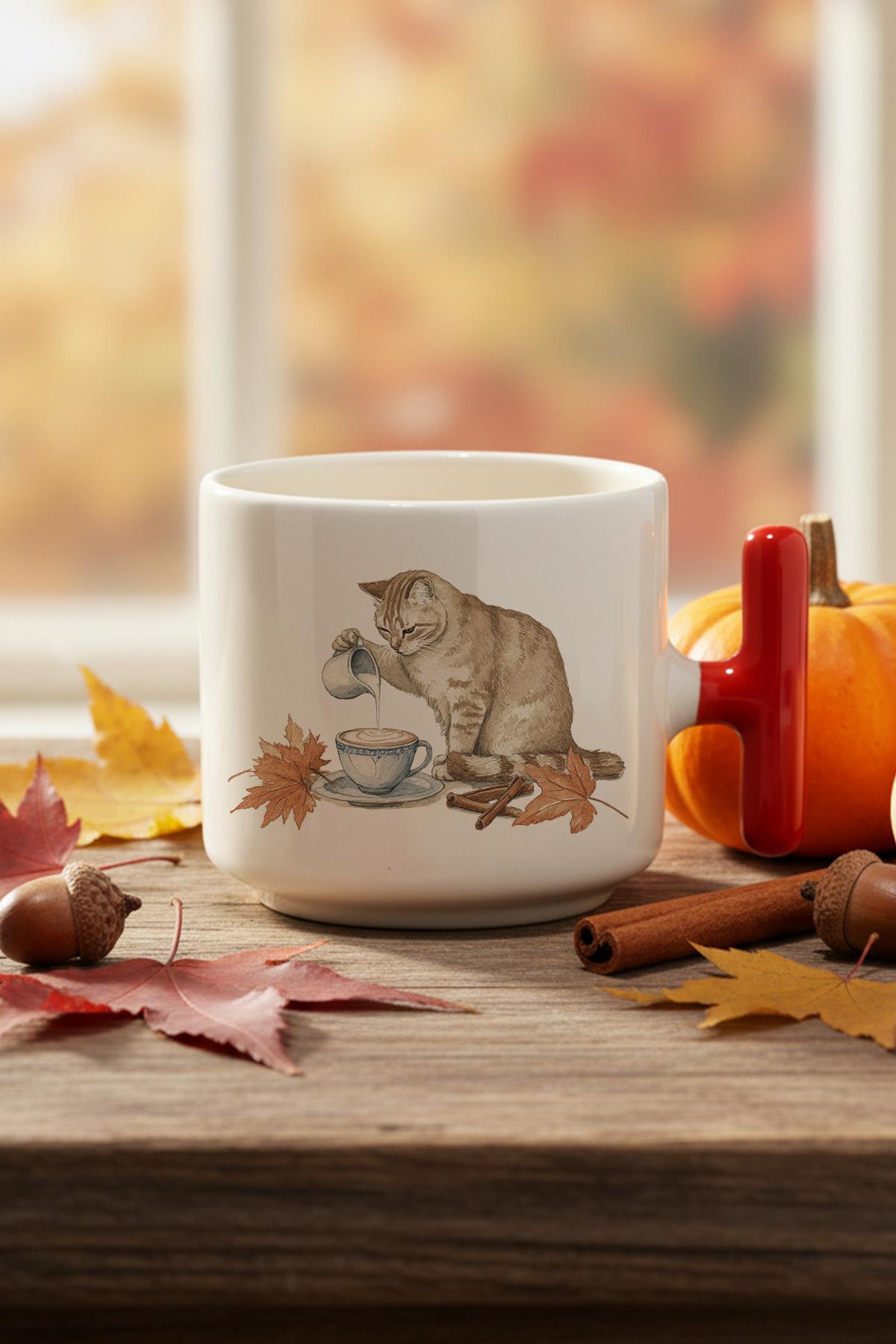Sonbahar Temalı Sevimli Kedi No:2 Baskılı Hediyelik T Kulplu Latte Fincanı Kupa Bardak