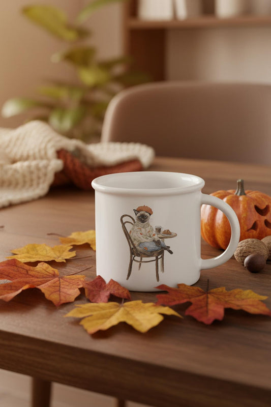 Sonbahar Temalı Sevimli Kedi No:3 Baskılı Enamel Görünümlü Seramik Vintage Kupa Bardak