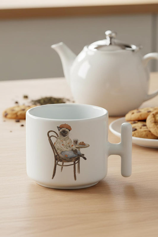 Sonbahar Temalı Sevimli Kedi No:3 Baskılı Hediyelik T Kulplu Latte Fincanı Kupa Bardak