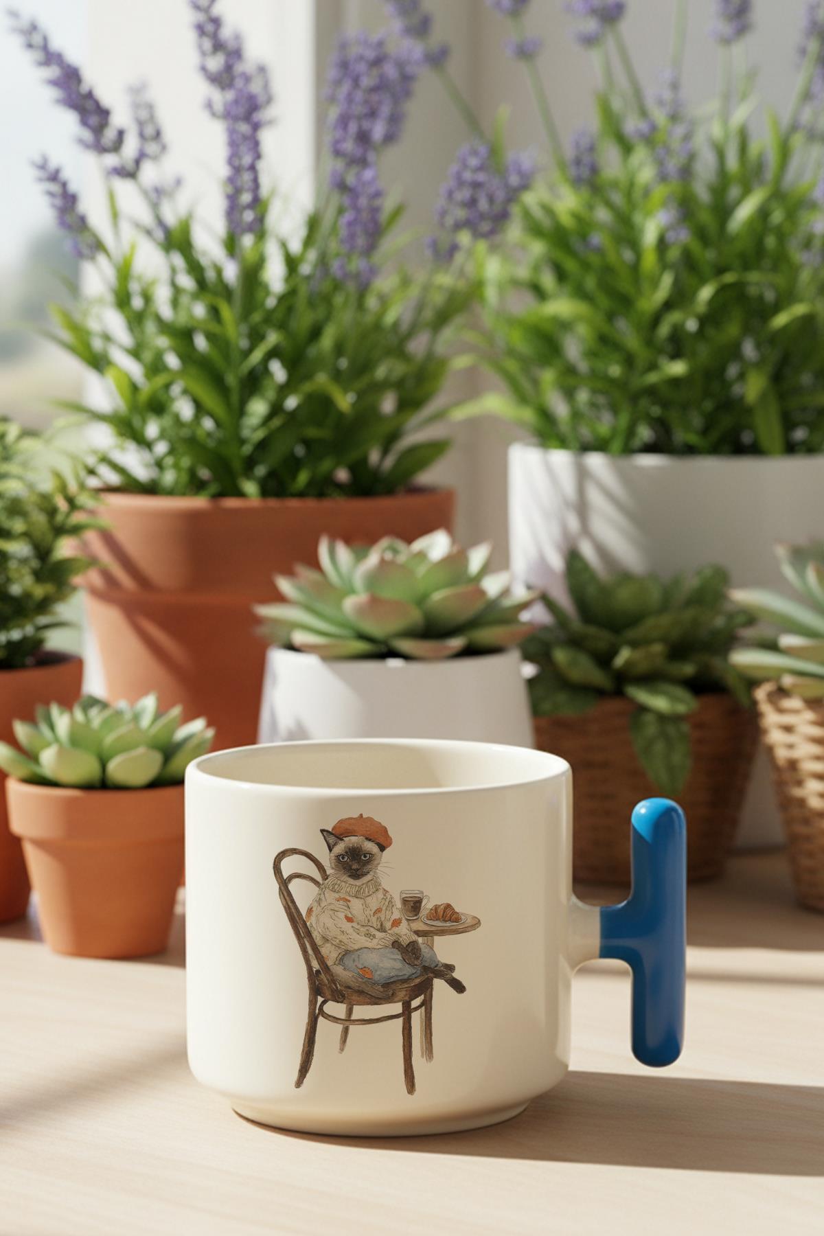 Sonbahar Temalı Sevimli Kedi No:3 Baskılı Hediyelik T Kulplu Latte Fincanı Kupa Bardak