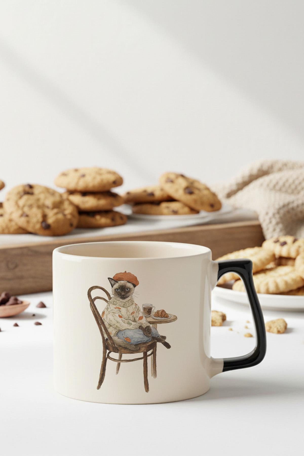 Sonbahar Temalı Sevimli Kedi No:3 Baskılı Siyah D Kulplu Kupa Bardak