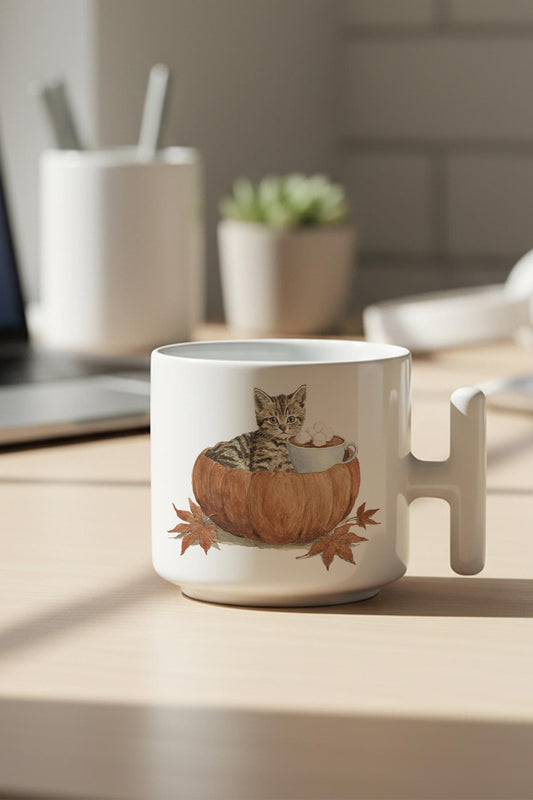 Sonbahar Temalı Sevimli Kedi No:4 Baskılı Hediyelik T Kulplu Latte Fincanı Kupa Bardak