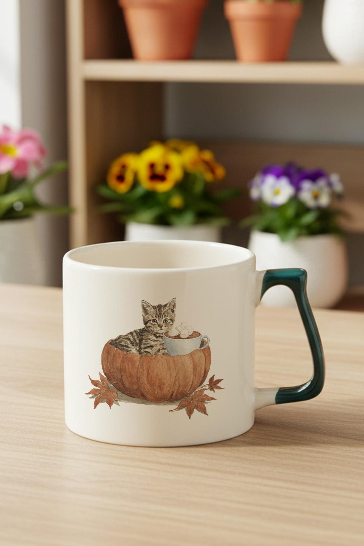 Sonbahar Temalı Sevimli Kedi No:4 Baskılı Yeşil D Kulplu Kupa Bardak