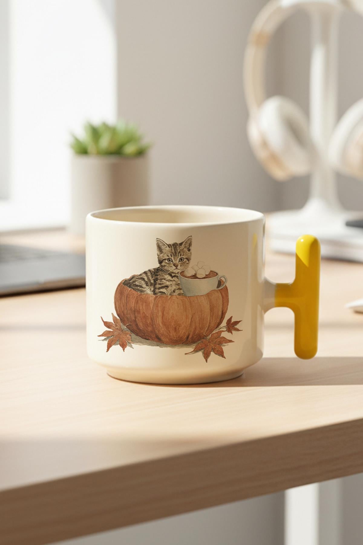 Sonbahar Temalı Sevimli Kedi No:4 Baskılı Hediyelik T Kulplu Latte Fincanı Kupa Bardak