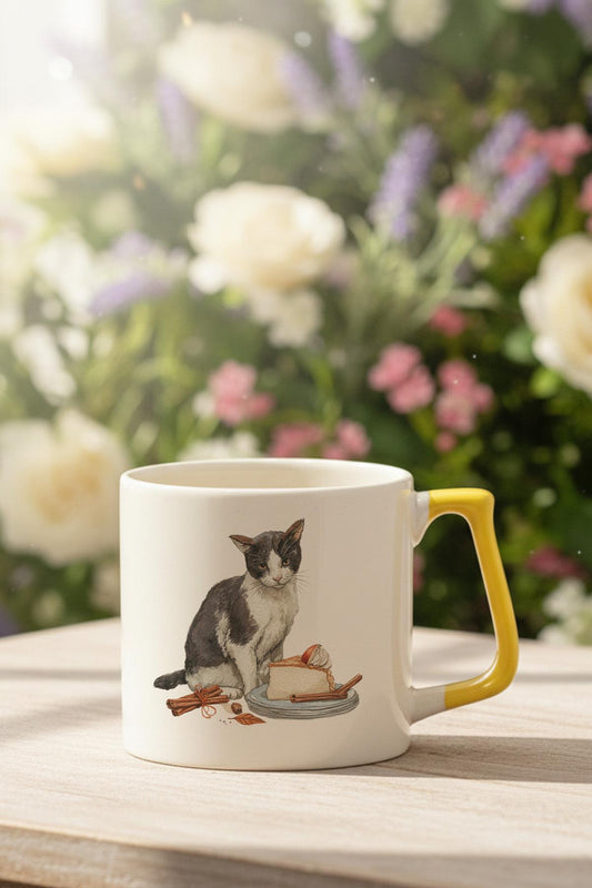 Sonbahar Temalı Sevimli Kedi No:5 Baskılı Sarı D Kulplu Kupa Bardak