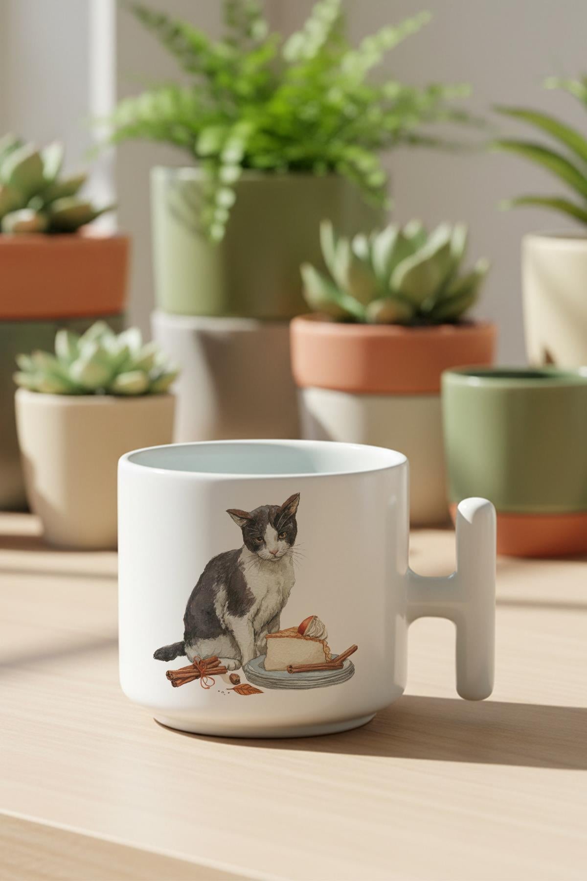 Sonbahar Temalı Sevimli Kedi No:5 Baskılı Hediyelik T Kulplu Latte Fincanı Kupa Bardak