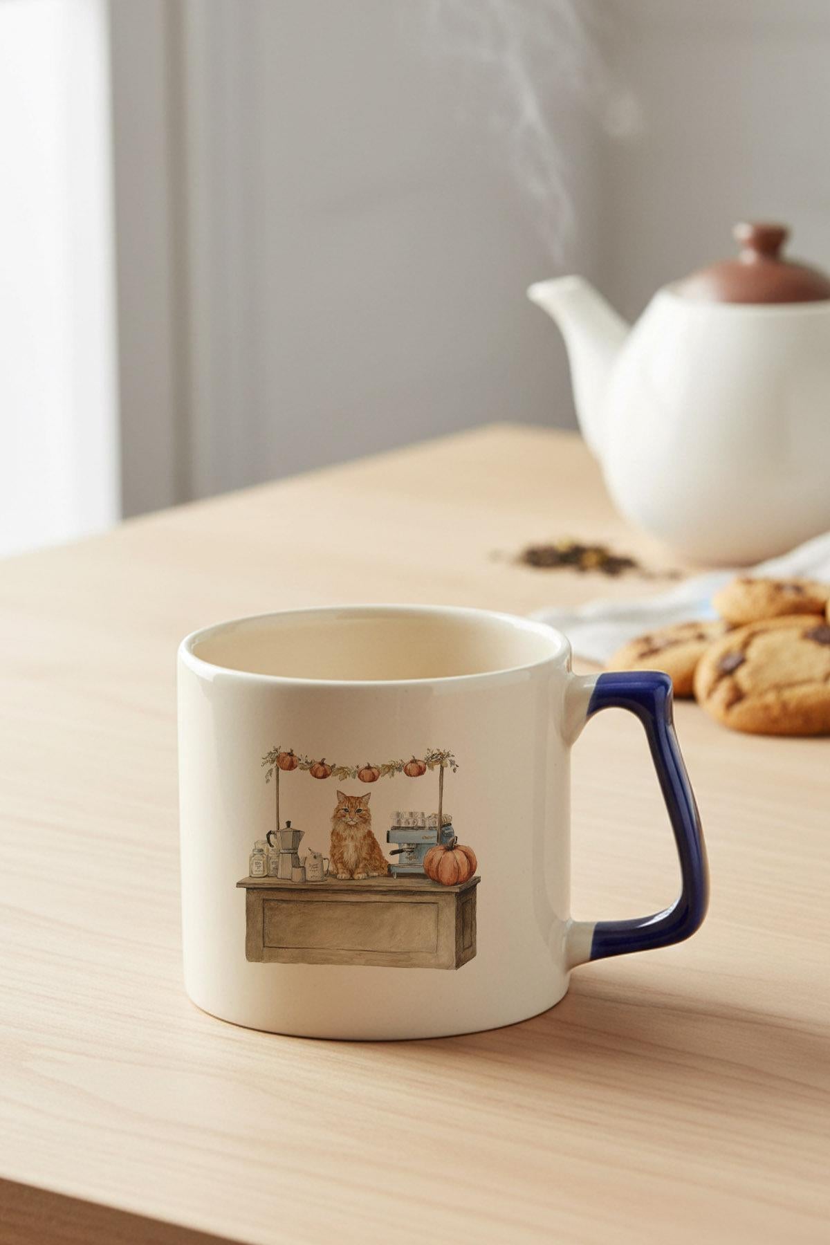 Sonbahar Temalı Sevimli Kedi No:6 Baskılı Lacivert D Kulplu Kupa Bardak