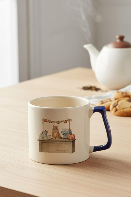 Sonbahar Temalı Sevimli Kedi No:6 Baskılı Lacivert D Kulplu Kupa Bardak