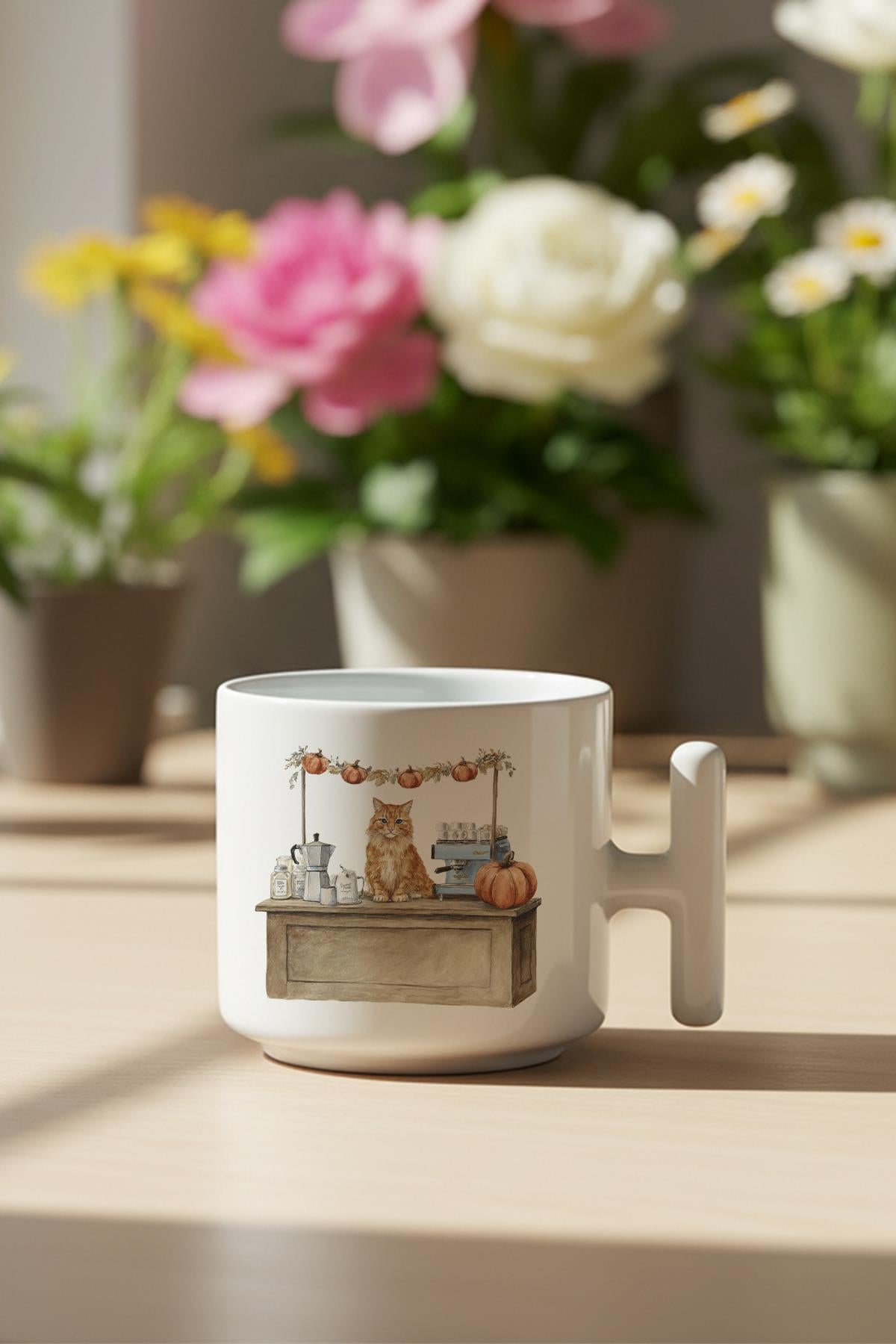 Sonbahar Temalı Sevimli Kedi No:6 Baskılı Hediyelik T Kulplu Latte Fincanı Kupa Bardak