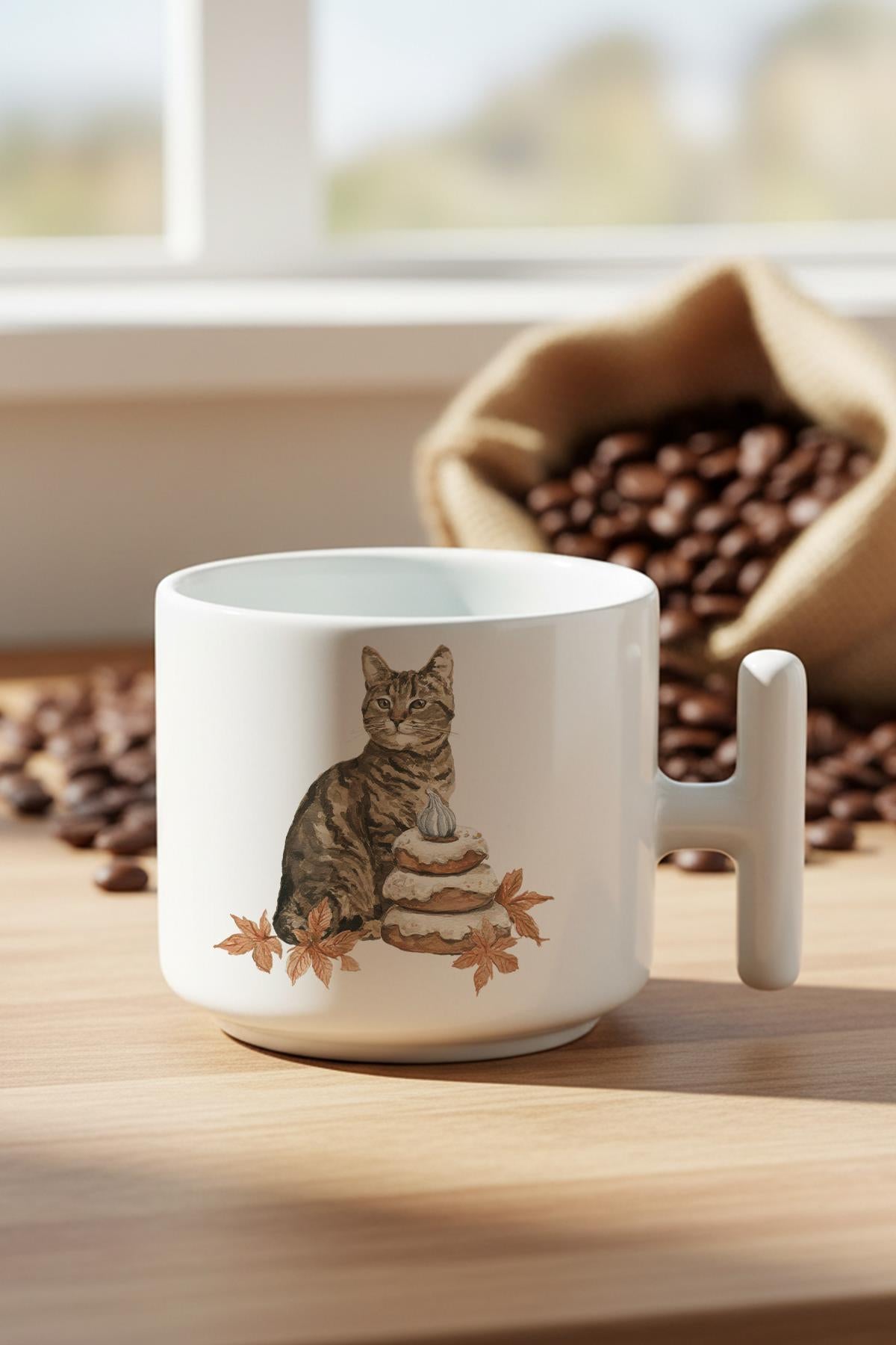 Sonbahar Temalı Sevimli Kedi No:7 Baskılı Hediyelik T Kulplu Latte Fincanı Kupa Bardak