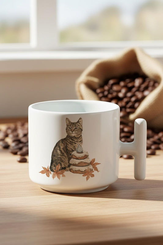 Sonbahar Temalı Sevimli Kedi No:7 Baskılı Hediyelik T Kulplu Latte Fincanı Kupa Bardak