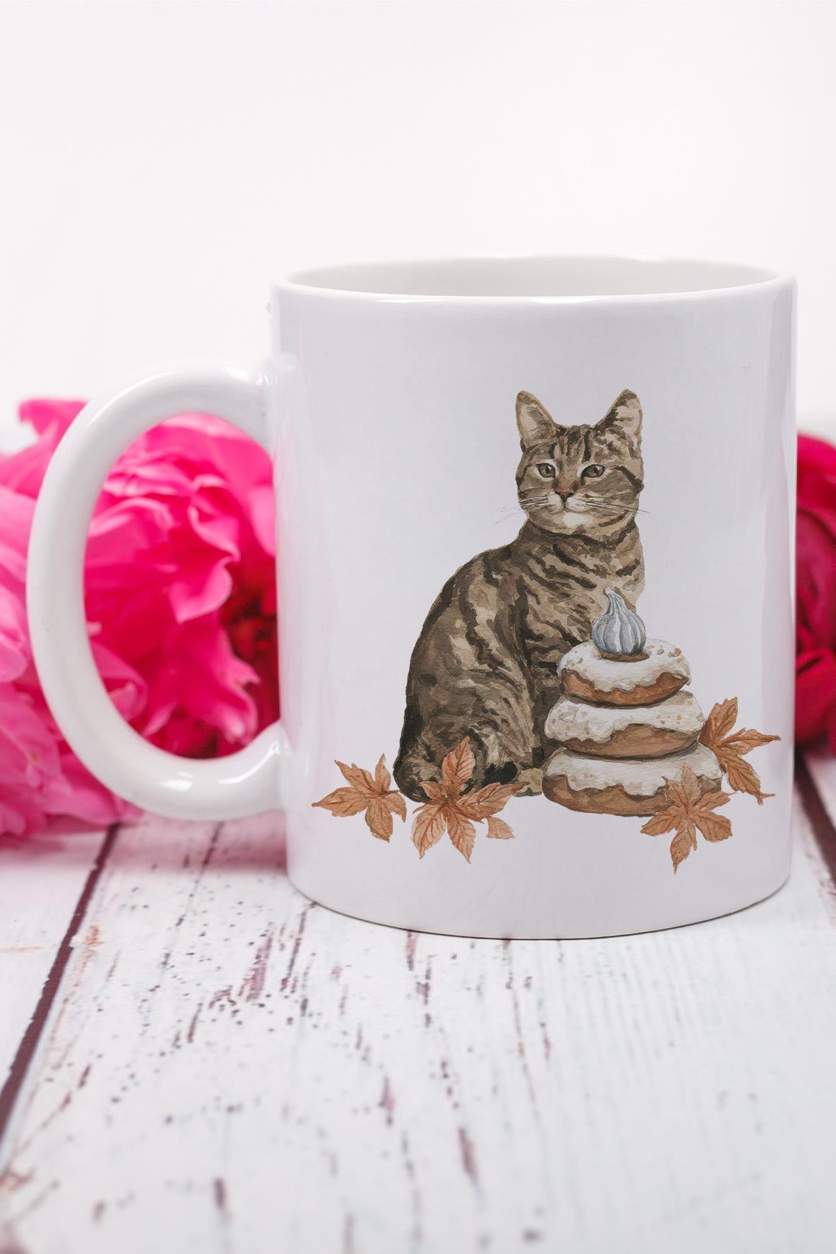 Sonbahar Temalı Sevimli Kedi No:7 Baskılı Hediyelik Kupa Bardak
