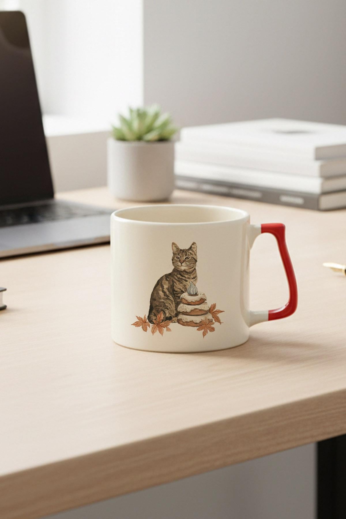 Sonbahar Temalı Sevimli Kedi No:7 Baskılı Kırmızı D Kulplu Kupa Bardak