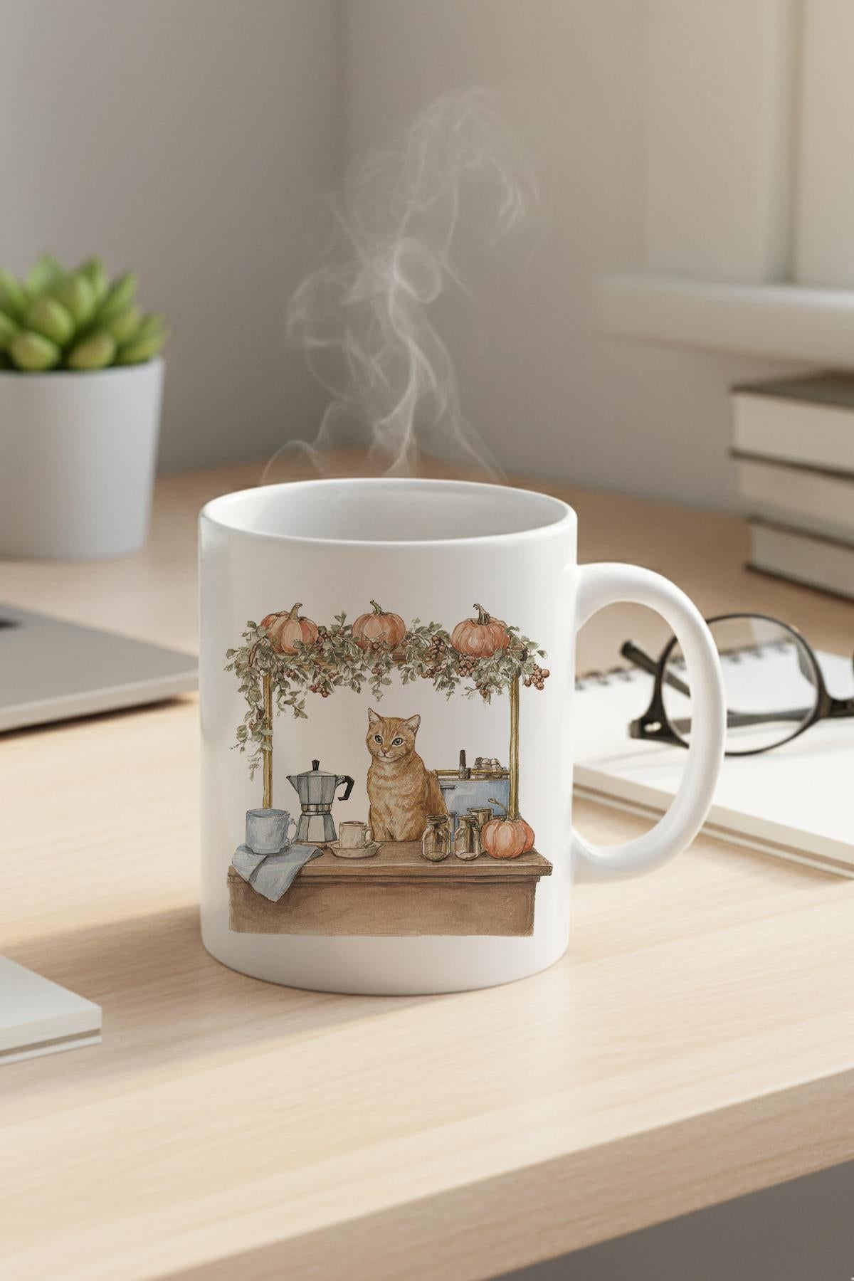 Sonbahar Temalı Sevimli Kedi No:8 Baskılı Hediyelik Kupa Bardak