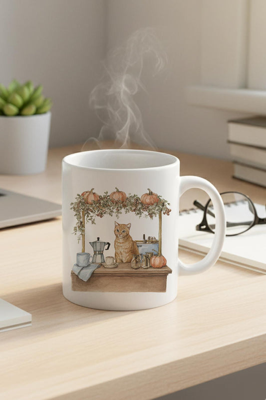 Sonbahar Temalı Sevimli Kedi No:8 Baskılı Hediyelik Kupa Bardak