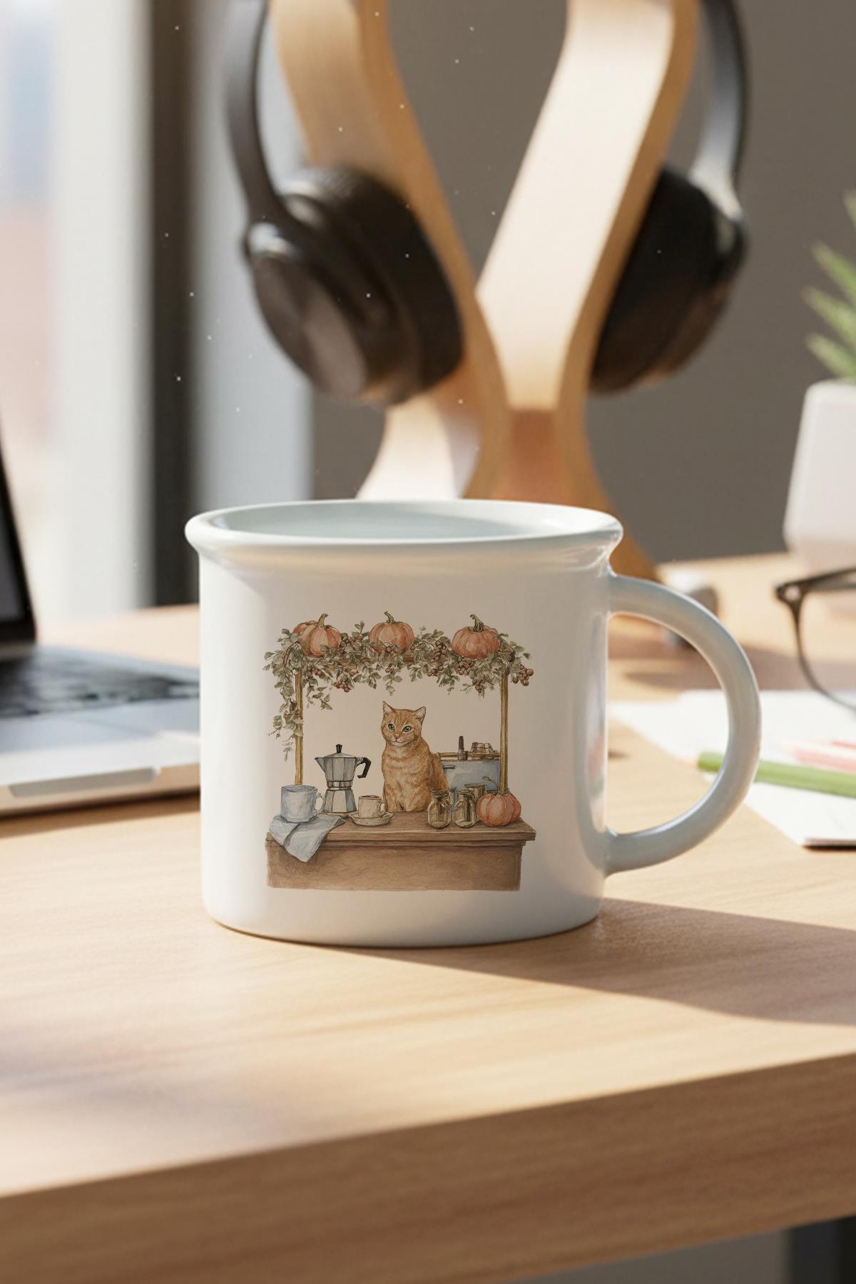 Sonbahar Temalı Sevimli Kedi No:8 Baskılı Enamel Görünümlü Seramik Vintage Kupa Bardak