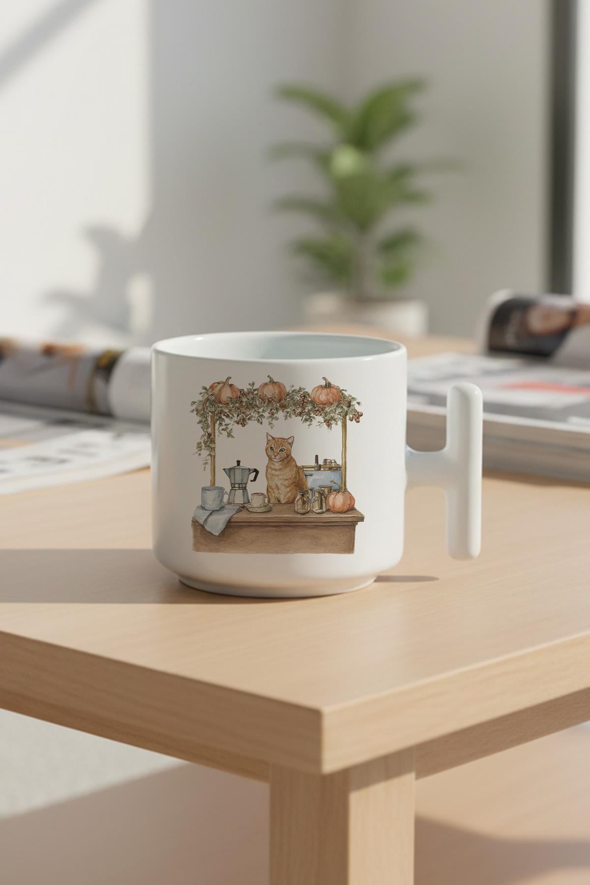 Sonbahar Temalı Sevimli Kedi No:8 Baskılı Hediyelik T Kulplu Latte Fincanı Kupa Bardak