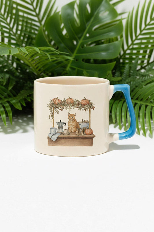 Sonbahar Temalı Sevimli Kedi No:8 Baskılı Mavi D Kulplu Kupa Bardak