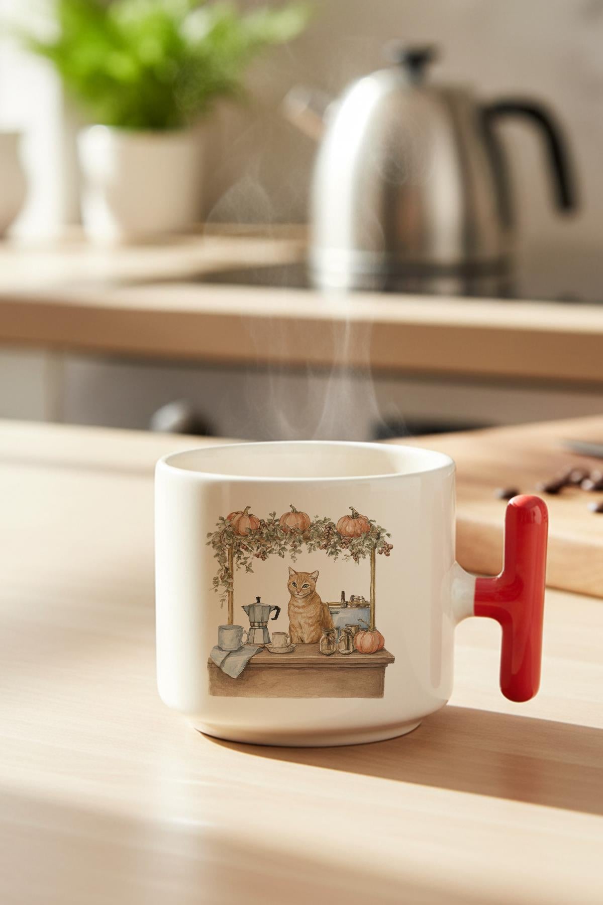 Sonbahar Temalı Sevimli Kedi No:8 Baskılı Hediyelik T Kulplu Latte Fincanı Kupa Bardak