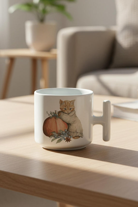 Sonbahar Temalı Sevimli Kedi No:9 Baskılı Hediyelik T Kulplu Latte Fincanı Kupa Bardak