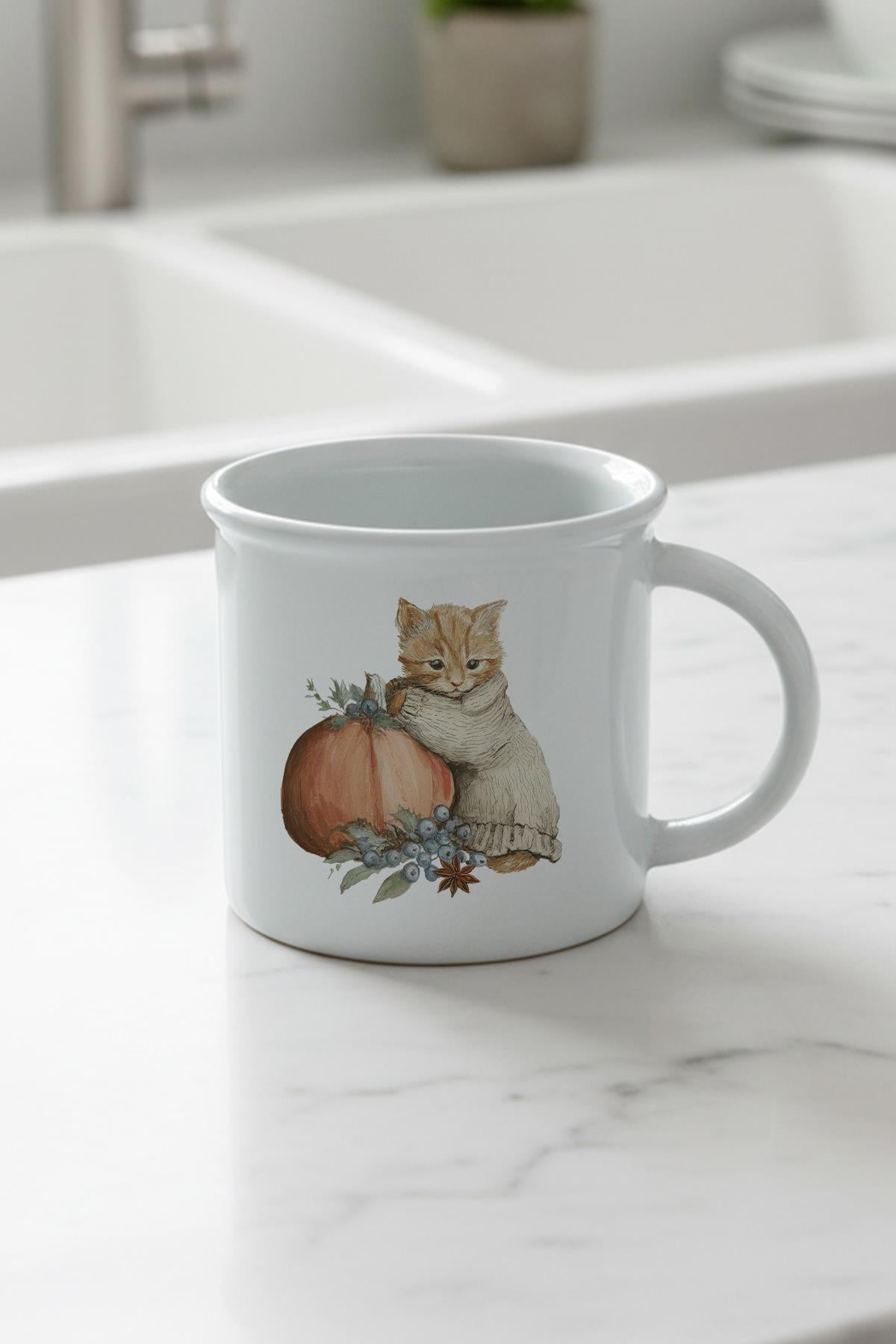 Sonbahar Temalı Sevimli Kedi No:9 Baskılı Enamel Görünümlü Seramik Vintage Kupa Bardak