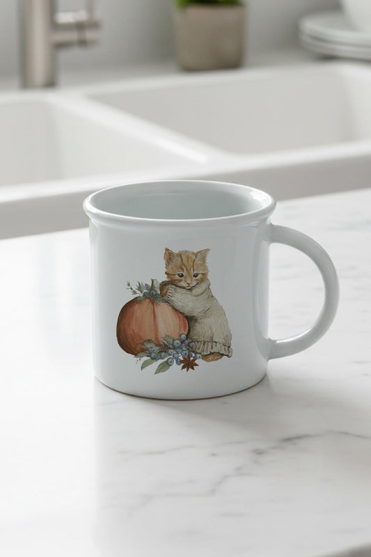 Sonbahar Temalı Sevimli Kedi No:9 Baskılı Enamel Görünümlü Seramik Vintage Kupa Bardak