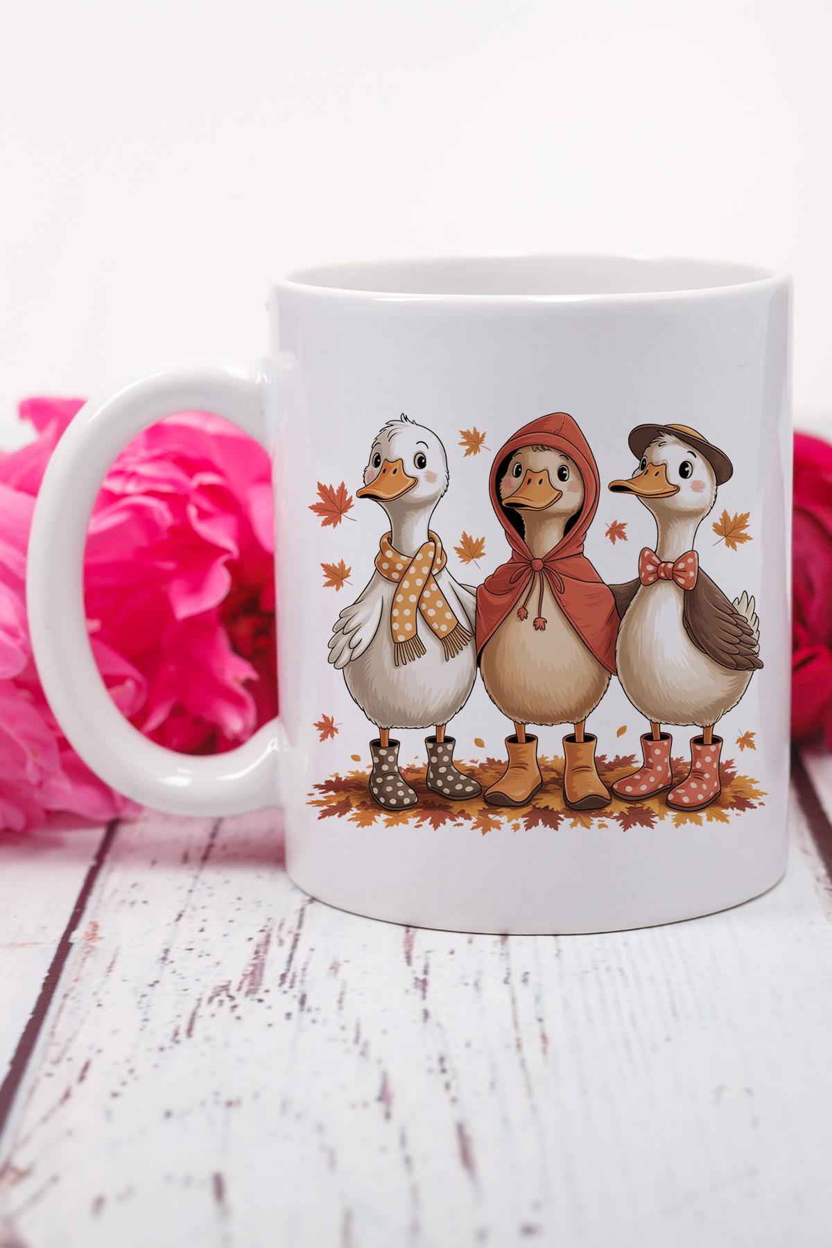 Sonbahar Temalı Sevimli Ördekler Baskılı Hediyelik Kupa Bardak