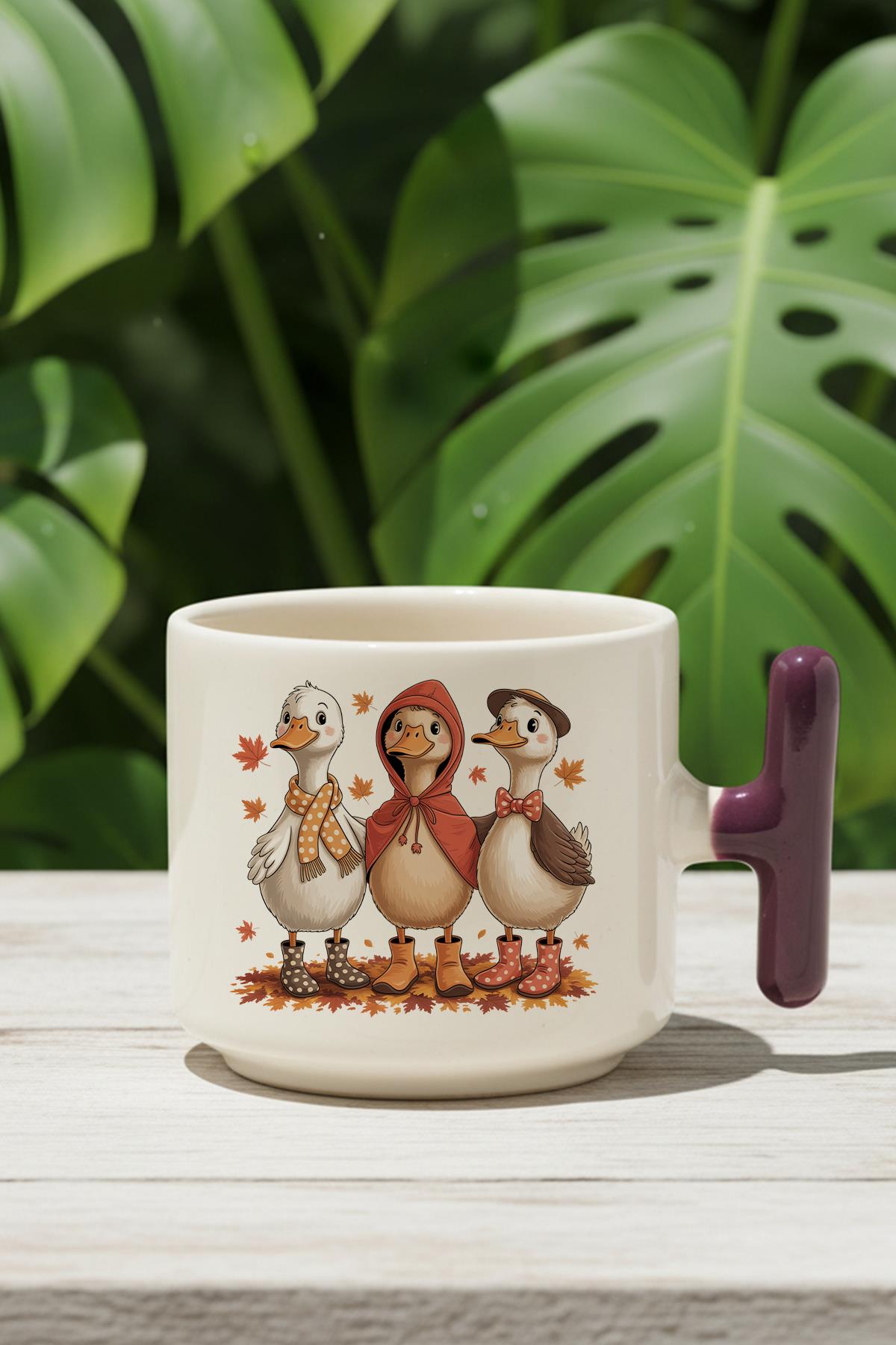 Sonbahar Temalı Sevimli Ördekler Baskılı Hediyelik T Kulplu Latte Fincanı Kupa Bardak