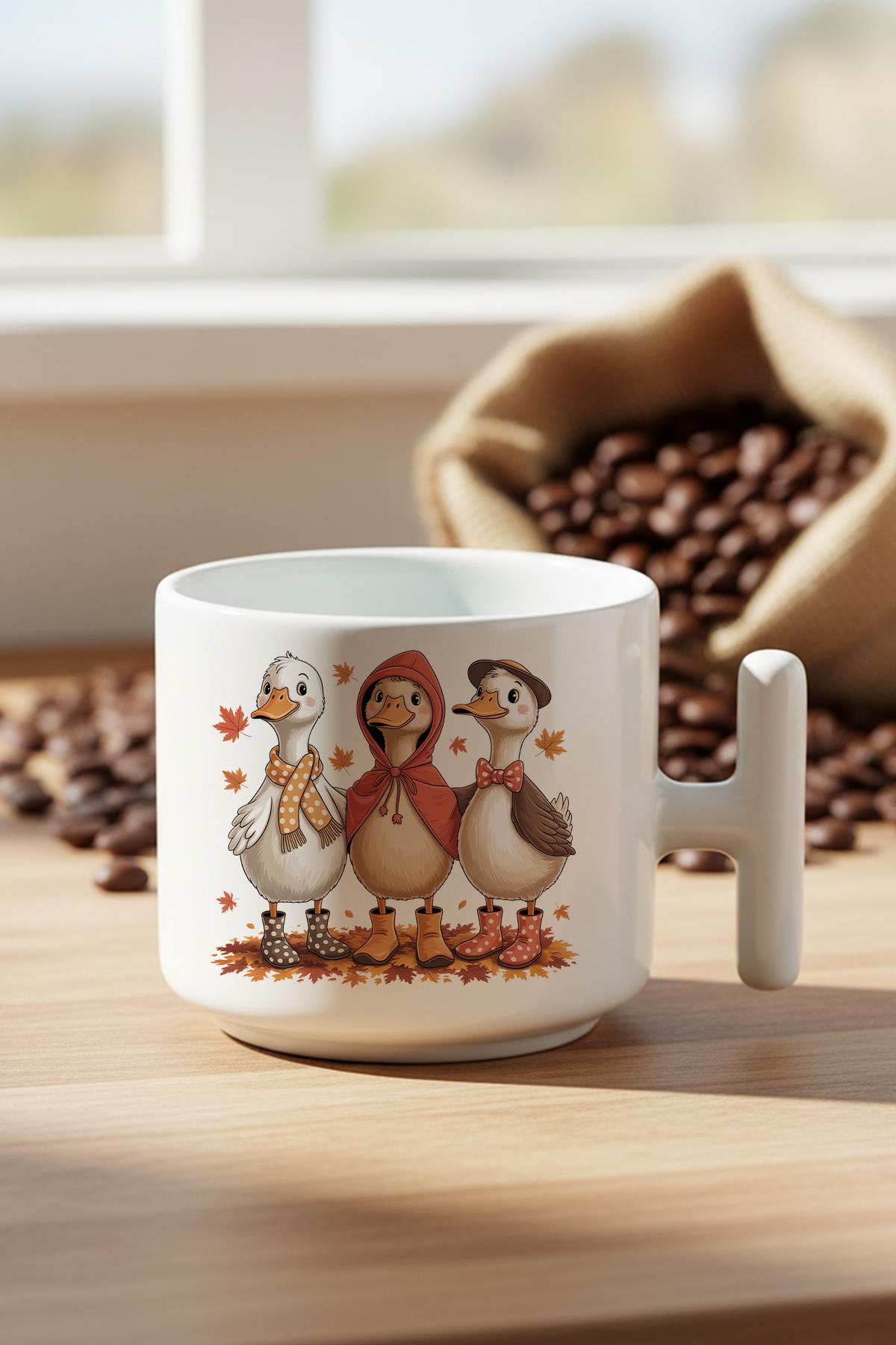 Sonbahar Temalı Sevimli Ördekler Baskılı Hediyelik T Kulplu Latte Fincanı Kupa Bardak