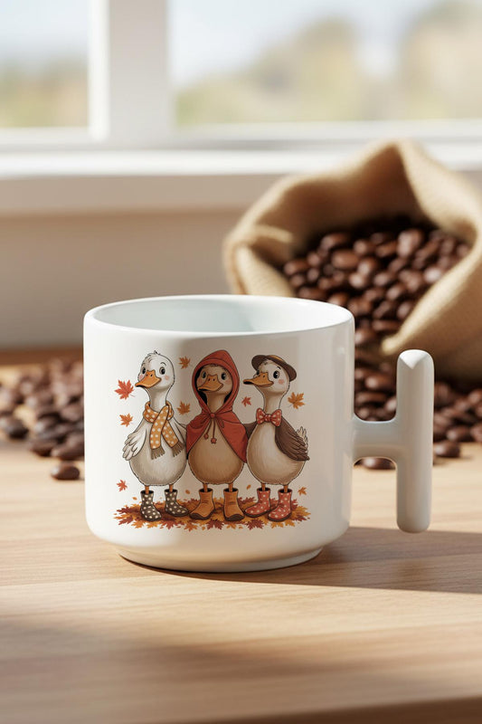 Sonbahar Temalı Sevimli Ördekler Baskılı Hediyelik T Kulplu Latte Fincanı Kupa Bardak
